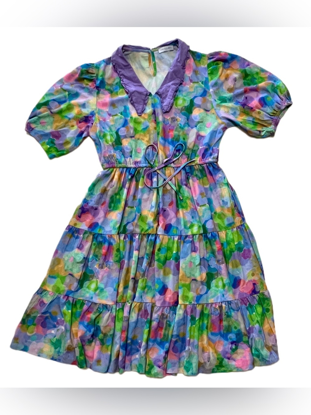 Little Party Dress Multicolor Bubble Print Tiered Midi Dress with Purple Collar